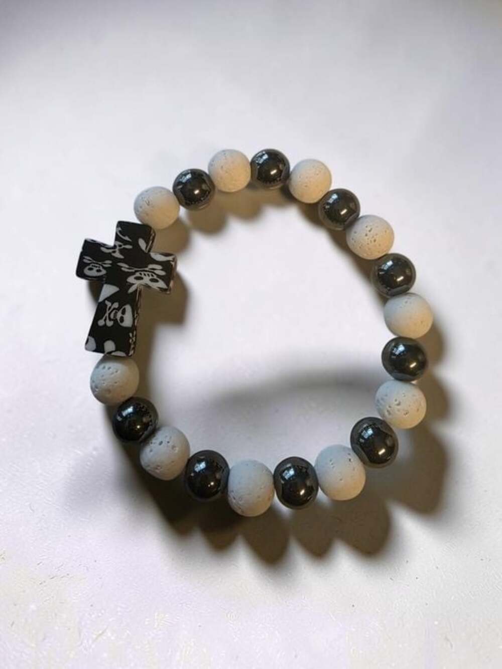Handcrafted Hematite White Lava Rock Skull Cross Stretch Bracelet
